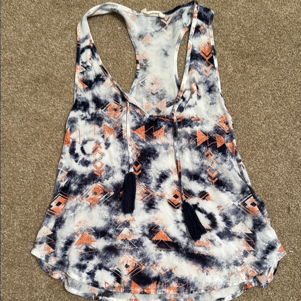 Ocean Drive White and Blue Sleeveless Tank Top with Tie Front